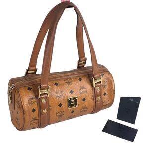 MCM Visetos Monogram Barrel Bag HANDBAG 12" Cognac Tube Purse + Card & Envelope